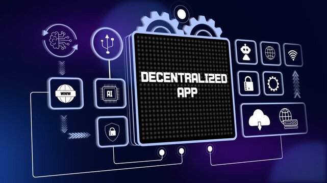 Interactive hud animation of decentralized app for future web infrastructure and advanced blockchain software engineering