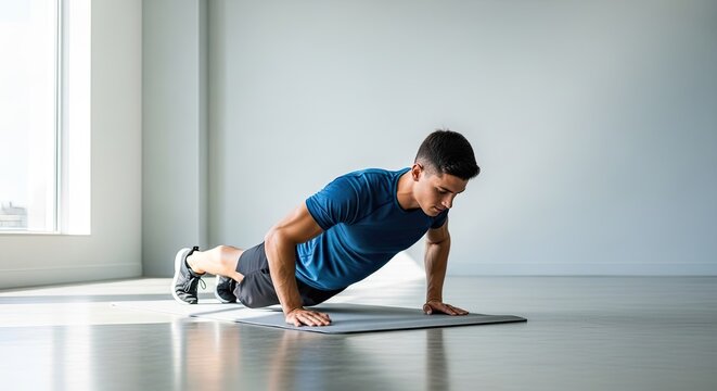 A man performing push-ups in a spacious, minimalist gym.