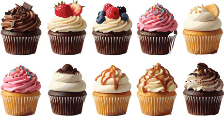 Delicious cupcake collection with chocolate vanilla strawberry caramel frosting berries and sprinkles bakery dessert vector illustration set © MdMostafijur