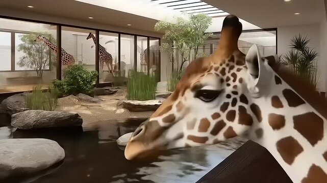 Interior Zen Garden with Giraffe View: Serene Habitat, Luxurious Home with Wildlife and Modern Design Architecture