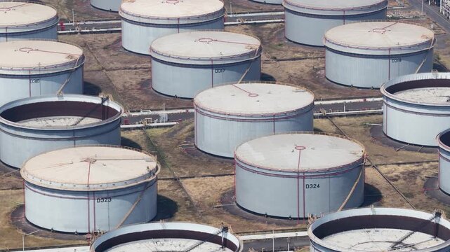 Aerial view of oil refinery storage tanks