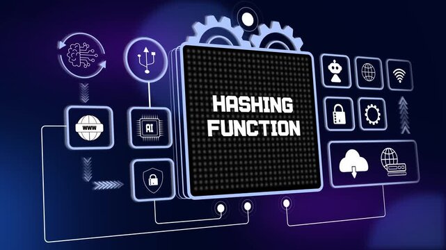 Powerful hud animation representing hashing function for secure digital data encryption and advanced blockchain safety research