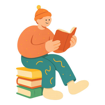 PNG Whimsical reader enjoying books.