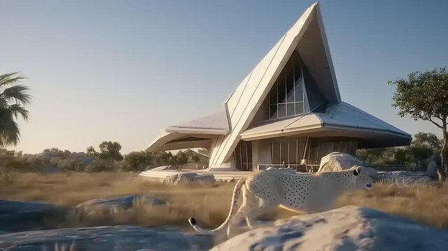 Artistic fusion portraying wild cheetah roaming before striking triangular home structure situated amid savanna landscape scenery