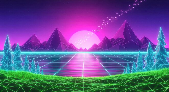 Retro 80s synthwave landscape with neon grid mountains and glowing sunset