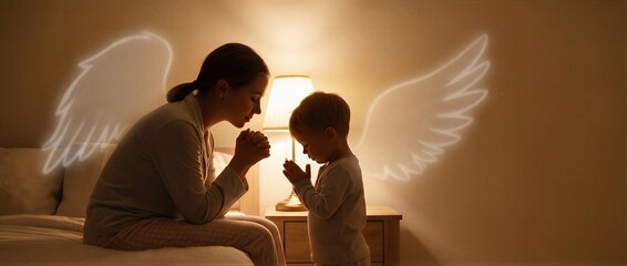 Naklejka premium Woman and child praying by bedside with angel wings projection for religious education and spiritual connection. Banner with copy space