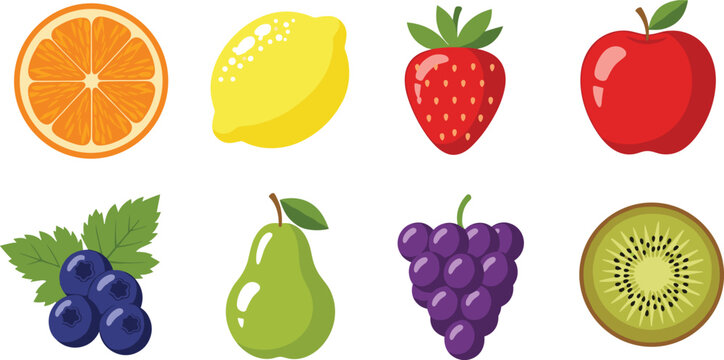 Fresh fruit icon set including orange lemon strawberry apple blueberry pear grape and kiwi colorful healthy food vector illustration