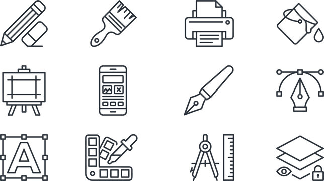 Graphic design tools outline icon set with pencil brush printer smartphone pen tool ruler compass and typography vector illustration