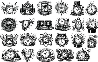 Obraz premium Tattoo Style Time Concept Illustration Bundle
