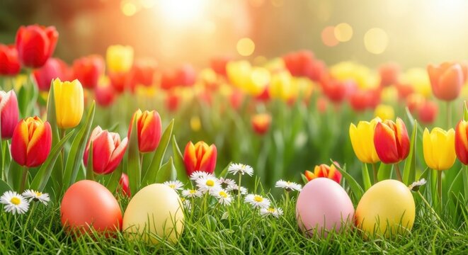 Vibrant easter eggs nestled in lush green grass among blooming tulips and daisies