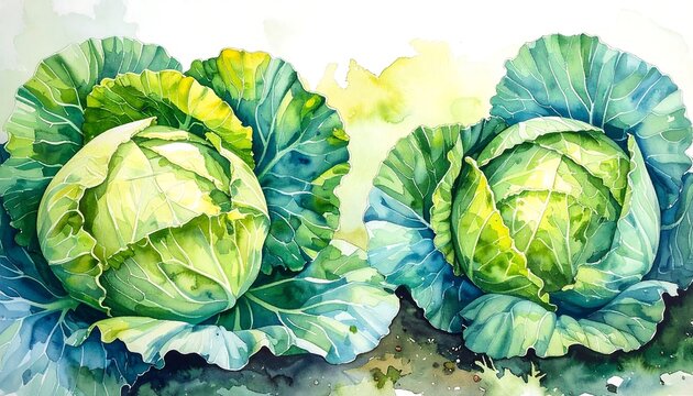 Two round cabbage heads resting on leafy base showing crisp vegetable layers watercolor painting illustration