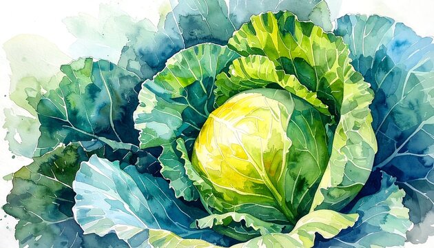 Single cabbage surrounded by large textured leaves highlighting farm freshness watercolor painting illustration