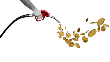 Rising fuel prices, rising oil prices. Falling coins, falling money, flying gold coins, golden rain isolated on free png background. Money success concept