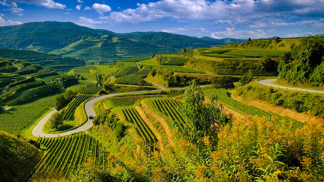 Peaceful picturesque mesmerizing atmospheric landscape  - vineyard terraces view of Texaspass in Kaiserstuhl in Germany, Baden, at summer day with blue sky and clouds
