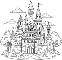 Naklejka premium Fantasy medieval castle with towers and turrets