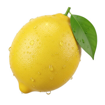 A yellow lemon with a green leaf isolated on transparent background