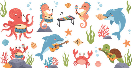 Obraz premium Underwater Band: Cute Cartoon Octopus, Seahorses, Crabs, Dolphins, and Turtles Playing Musical Instruments in a Colorful Ocean Scene