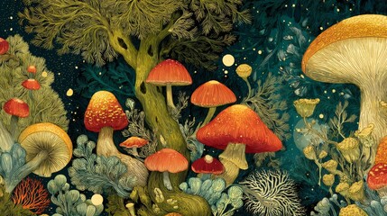 Naklejka premium Whimsical Fantasy Forest with Colorful Mushrooms and Lush Moss in Enchanted Landscape