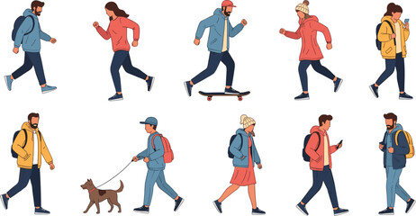 Set of flat people characters walking running skateboarding and walking dog in autumn outfits isolated on white background vector © Vector Design Hub