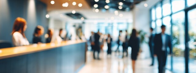 Obraz premium Modern Reception Area with Blurred Visitors and Staff Interacting in a Bright Lobby