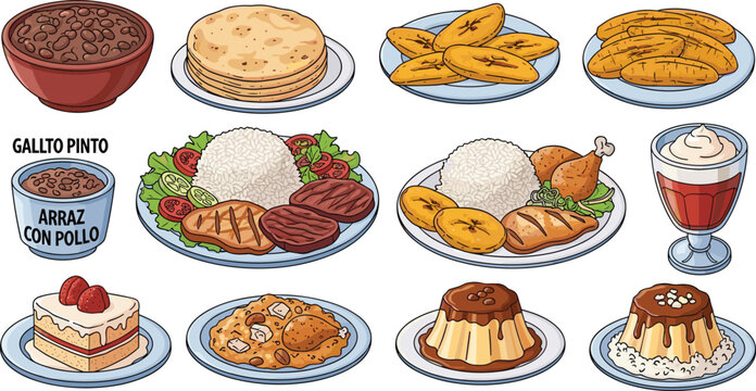 Latin American traditional food collection with gallo pinto arroz con pollo grilled meat rice plantains dessert and flan vector illustration set