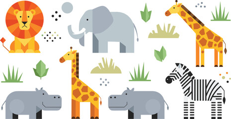 Geometric Style Cartoon Animals: Lion, Elephant, Giraffes, Hippos, and Zebra with Simple Shapes and Bold Colors in a Minimalist Jungle Them © Sujon Shah