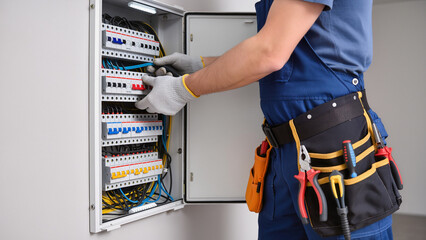 Obraz premium A professional electrician performs maintenance on an electrical distribution board. He uses various hand tools and wears protective safety gear. The technician carefully inspects the circuit breakers