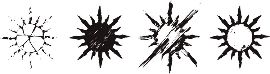 Obraz premium black grunge sun icons set with rough textured rays and abstract design on white background