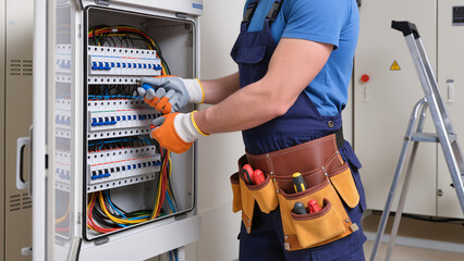 A professional electrician performs maintenance on an electrical distribution board. He uses...