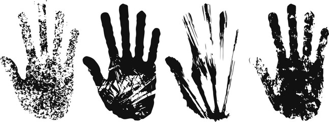 black and white artistic handprints with textured brushstroke patterns on white background