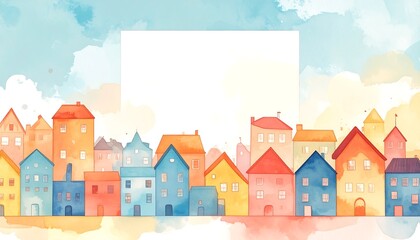 Fototapeta premium Pastel colored town houses forming decorative urban skyline background watercolor painting illustration