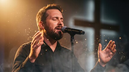 Man singing into microphone with eyes closed in a church. Modern religious worship and spiritual faith concept for event.