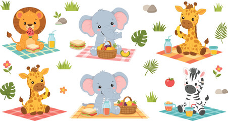 Naklejka premium Cartoon Animals Enjoying a Picnic: Cute Lion, Elephant, Giraffe, and Zebra with Snacks and Drinks on Blankets in a Playful Outdoor Setting