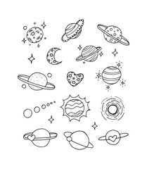Linear collection of Planets illustration doodle icon on a white © Mary