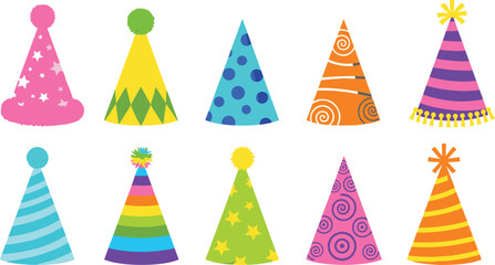 Colorful party hat illustration with stars, stripes, polka dots, rainbow design, festive celebration artwork, birthday vector, cheerful decoration, holiday pattern, fun style