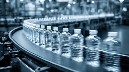 Automated production line featuring rows of clear plastic bottles moving through a processing facility