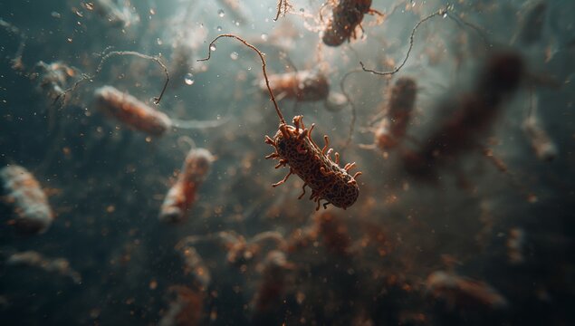 Highlighting central rod-shaped bacterium floating under microscope, with flagellum and pili