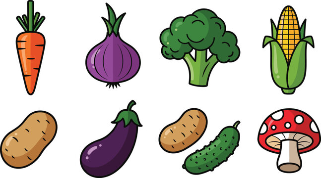 Vegetable icon set including carrot onion broccoli corn potato eggplant cucumber and mushroom colorful fresh farm vegetable vector illustration collection