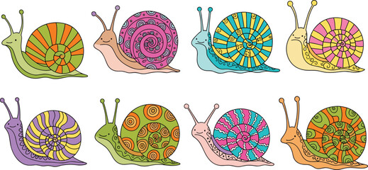 Colorful cartoon snail collection with patterned shells, whimsical antennae, cheerful expressions, vibrant designs, playful vector art for decorative illustration © MdShahadot