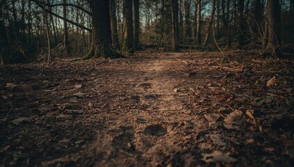 Obraz premium Winding narrow dirt footpath running through deciduous forest, showing dry leaves, twigs, moss