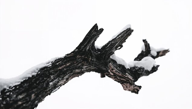 Displaying gnarled tree branch running diagonally across winter sky, featuring snow patches
