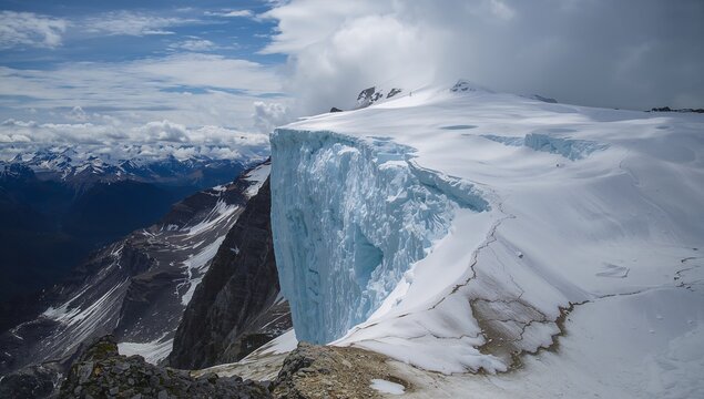 Dominating hanging glacier ice cliff dropping from snowy plateau on alpine ridge, showing fissures