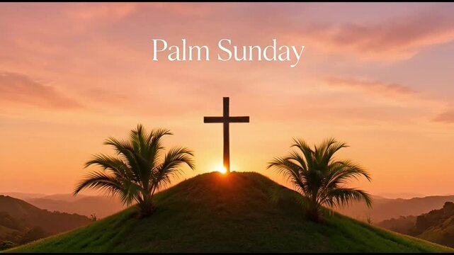 Palm Sunday text with cross and palm trees at sunset representing Palm Sunday Text With Cross