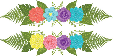Floral arrangement illustration with colorful flowers, green leaves, fern fronds, decorative design, symmetrical vector artwork, vibrant pattern, nature theme, botanical decoration, garden style © MstShanaz