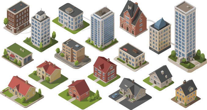 Isometric city buildings collection, residential houses apartments and commercial architecture structures for urban planning real estate and city design