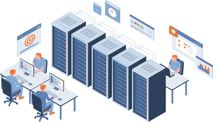 Obraz premium Isometric data center server racks, IT engineers monitoring cloud computing network infrastructure, database management technology illustration concept