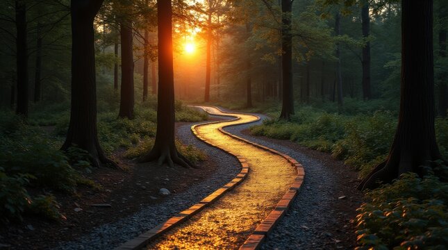 A serene woodland scene with an amber glow from the setting sun, illuminating the trees and casting a warm light on the path 

