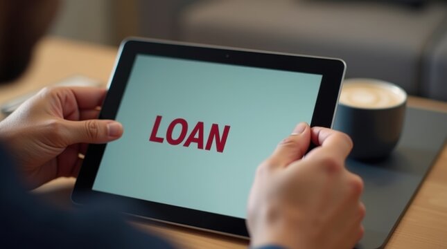 Person reviewing loan terms on tablet with prominent interest rate detail displayed in bold red font 
