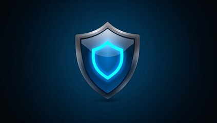 Fototapeta premium Floating shield emblem glowing over dark blue backdrop, with metallic frame, cyan neon outline