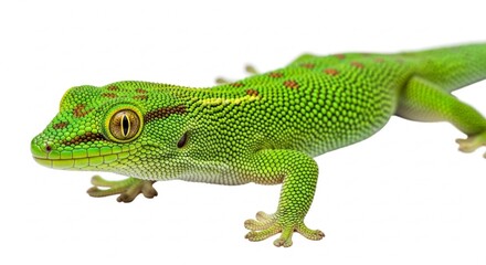 Obraz premium Green gecko with red spots on white background